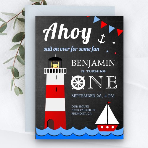 Nautical Sailboat Lighthouse First Birthday Party Invitation
