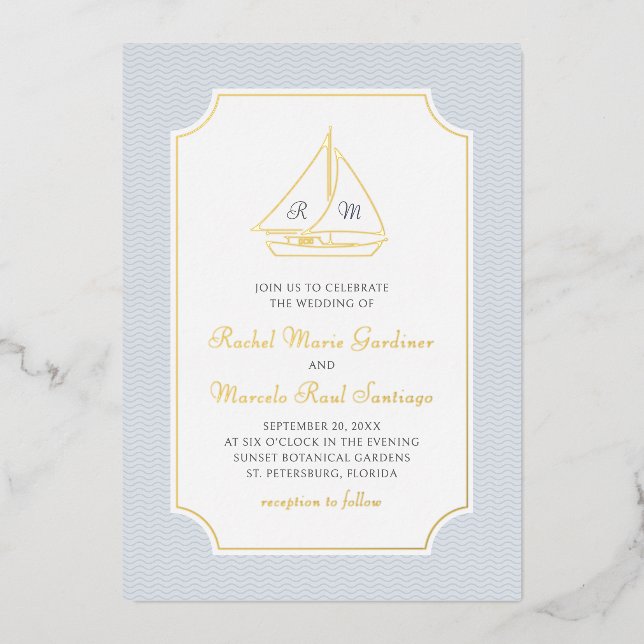 Nautical Sailboat Minimalist Preppy Wedding Foil Invitation (Front)