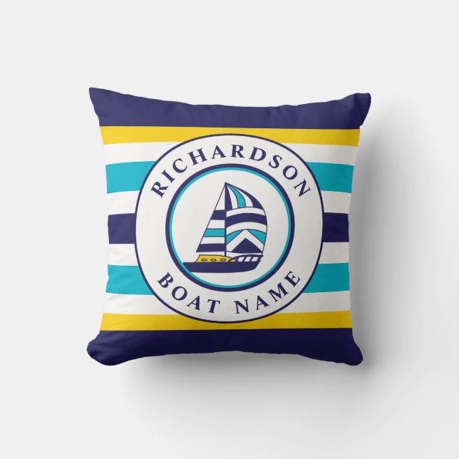 Nautical Sailboat Navy Aqua Blue Yellow Name Throw Pillow (Front)