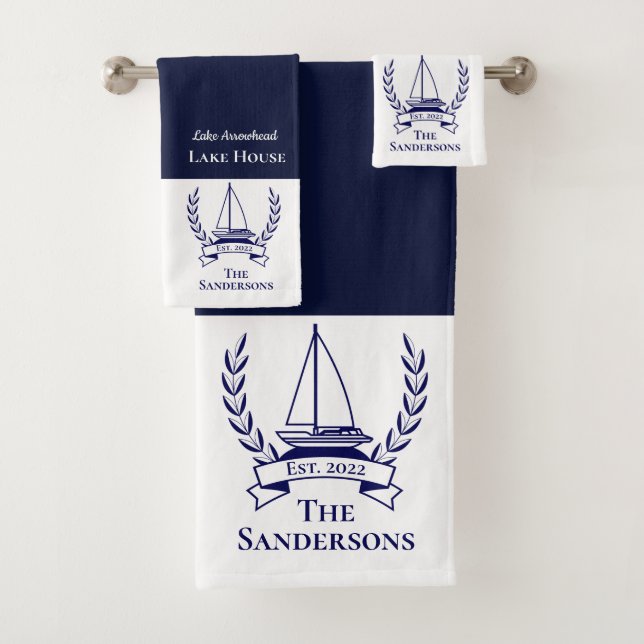 Nautical Sailboat Navy Blue Monogram Lake House  B Bath Towel Set (Insitu)