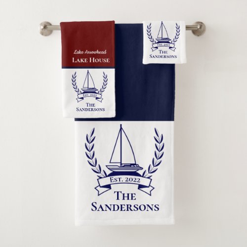 Nautical Sailboat Navy Blue Monogram Lake House  Bath Towel Set