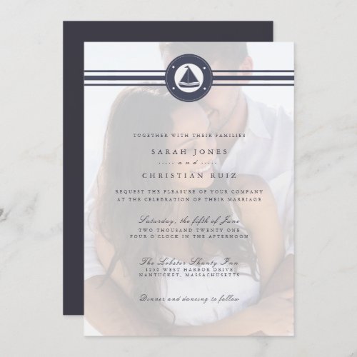 Nautical Sailboat Navy Blue Photo Wedding  Invitation