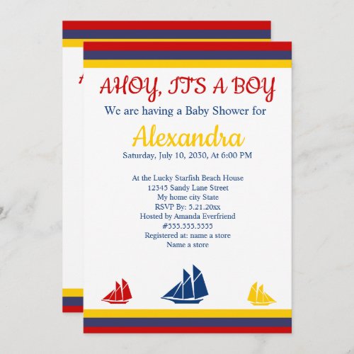 Nautical Sailboat Navy Blue Yellow Red Baby Shower Announcement