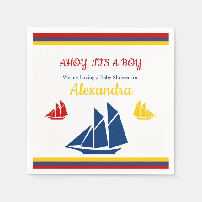 Nautical Sailboat Navy Blue Yellow Red Baby Shower Napkins (Front)
