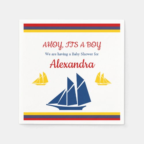 Nautical Sailboat Navy Blue Yellow Red Baby Shower Napkins