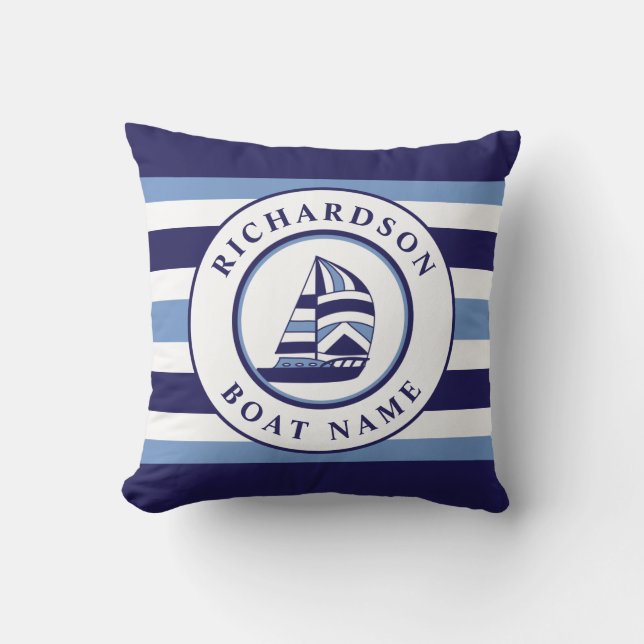 Nautical Sailboat Navy Ocean Blue Stripes Name  Throw Pillow (Front)