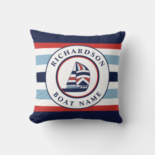 Nautical Sailboat Navy Red Ocean Blue Personalized Throw Pillow