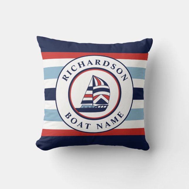 Nautical Sailboat Navy Red Ocean Blue Personalized Throw Pillow (Front)