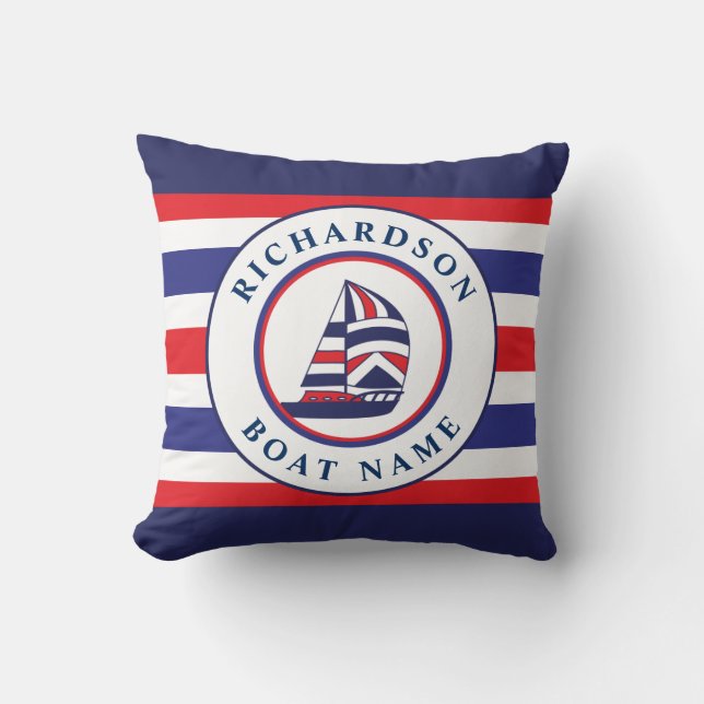 Nautical Sailboat Navy Red Stripes Boat Name Throw Pillow (Front)