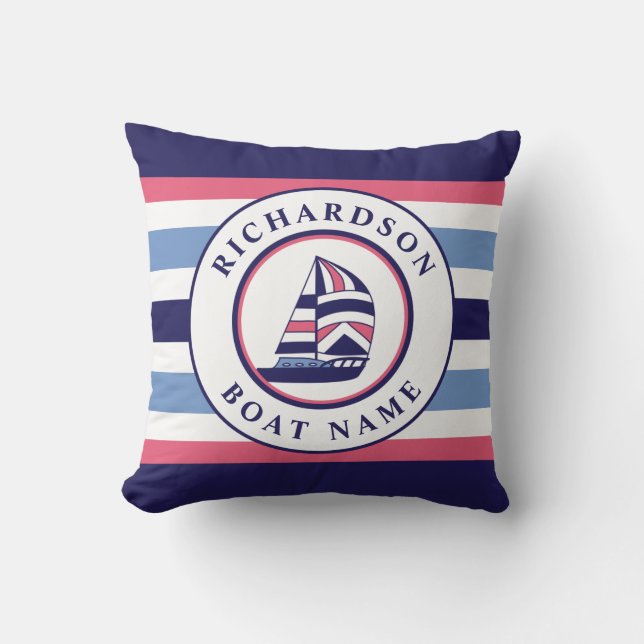 Nautical Sailboat Navy Salmon Pink Ocean Blue Name Throw Pillow (Front)