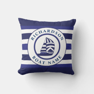 Nautical Sailboat Navy Stripes Family Boat Name Throw Pillow