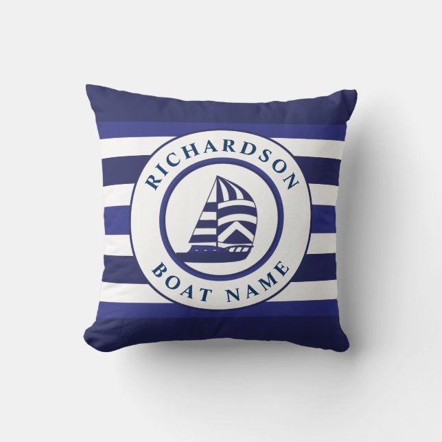 Nautical Sailboat Navy Stripes Family Boat Name Throw Pillow (Front)
