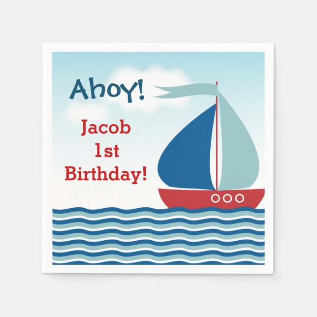 Nautical Sailboat on Water Boy Birthday Paper Napkins (Front)