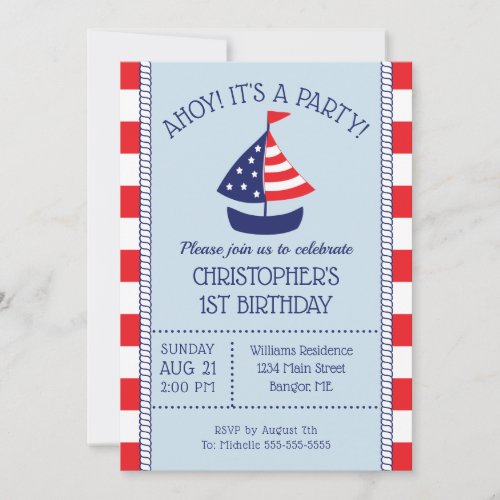 Nautical Sailboat Patriotic 1st Birthday Invitation