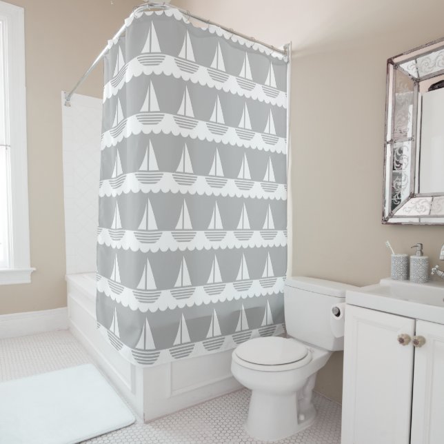 Nautical Sailboat Pattern Gray and White Shower Curtain (In Situ)