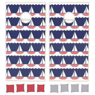 Nautical Sailboat Pattern Navy Blue and Red Cornhole Set