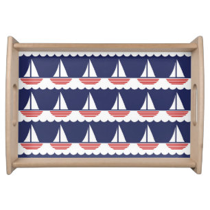 Nautical Sailboat Pattern Navy Blue and Red Serving Tray