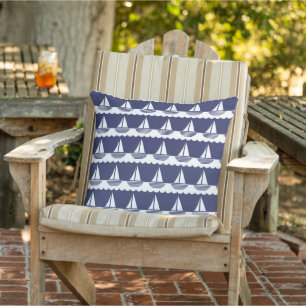 Nautical Sailboat Pattern Navy Blue and White Outdoor Pillow