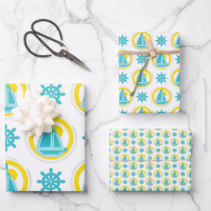 Nautical Sailboat Pattern Ocean Beach Yellow Blue Wrapping Paper Sheets