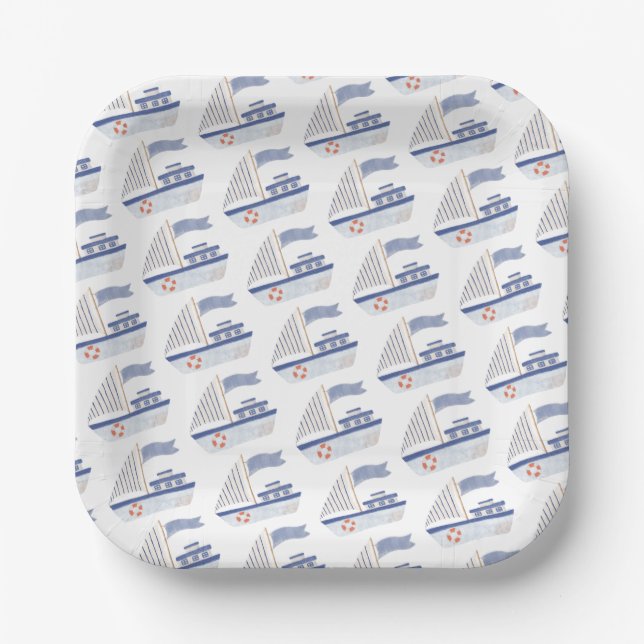 Nautical Sailboat Pattern Paper Plates (Front)