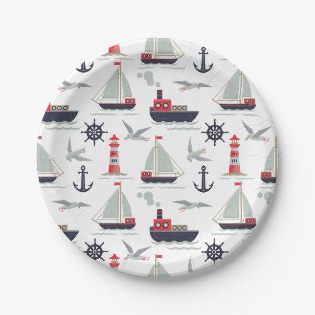 Nautical Sailboat Sailor Baby Boy Shower Party Paper Plates (Front)