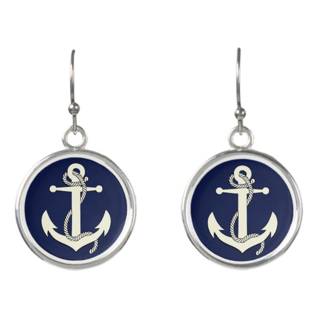Nautical sailboat, ship's anchor/white/navy blue earrings (Front)