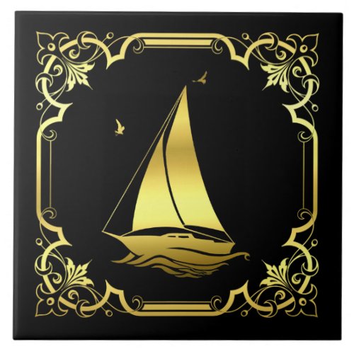 Nautical sailboat silhouettegoldblack ceramic tile