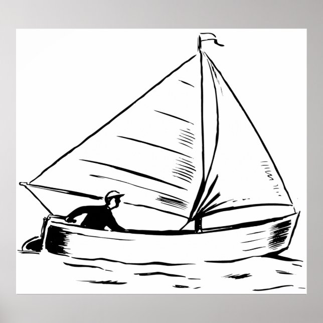 Nautical Sailboat Sketch White Ink Ocean Poster (Front)