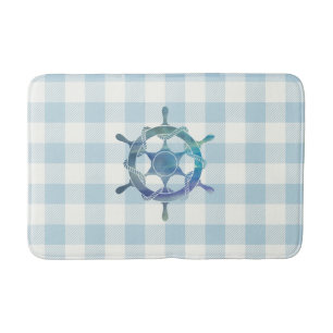 Nautical Sailboat Wheel Blue Gingham Check Coastal Bath Mat