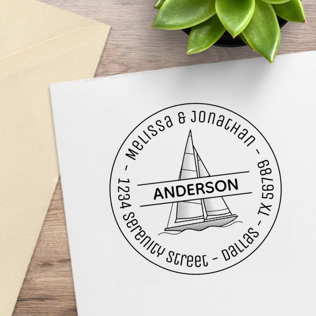 Nautical Sailboat Yacht Round Family Address Rubber Stamp (Creator Uploaded)