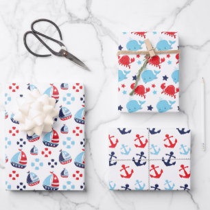 Nautical Sailboats, Anchors and Whales Pattern Wrapping Paper Sheets