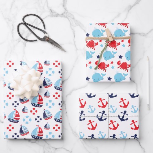 Nautical Sailboats Anchors and Whales Pattern Wrapping Paper Sheets
