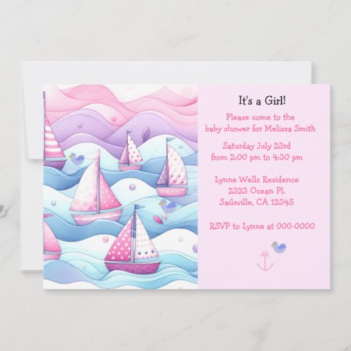 Nautical Sailboats Baby Girl Shower Invitation