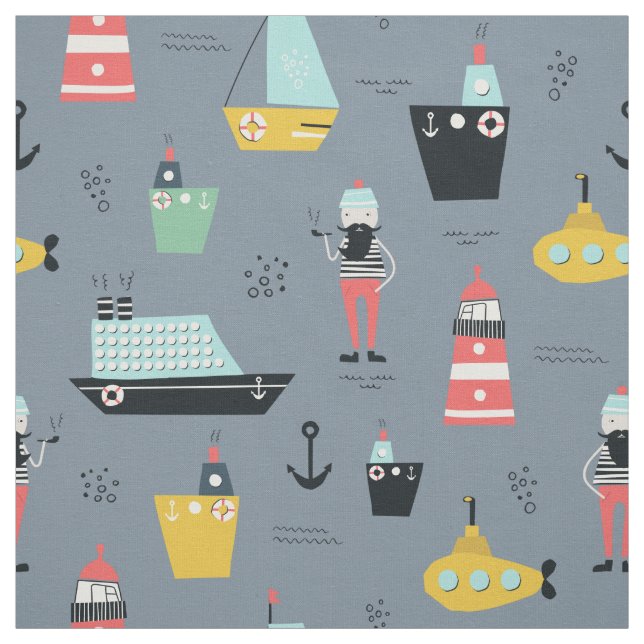 Nautical sailboats lighthouse ships sailorman fabric (Swatch)