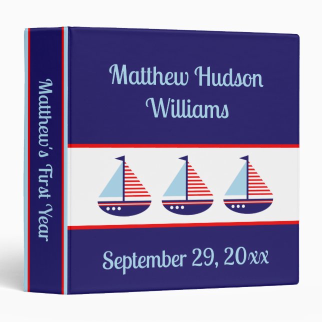 Nautical Sailboats Personalized Memory Album 3 Ring Binder (Front/Spine)