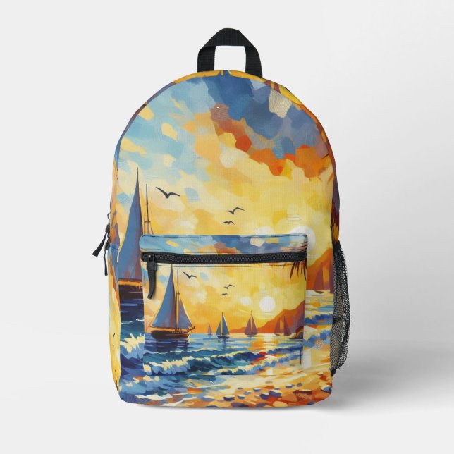 Nautical Sailboats Sunset Tropical Beach Printed Backpack (Front)