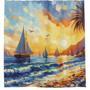 Nautical Sailboats Sunset Tropical Beach Shower Curtain