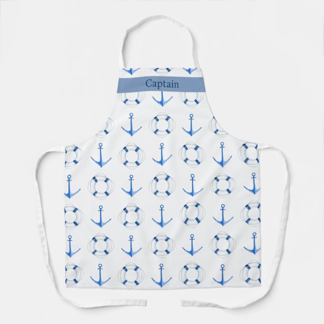Nautical Sailing Boat Anchor Lifebuoy White Apron (Front)