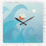 Nautical Sailing Boat Art Square Wall Clock<br><div class="desc">A sailing ship sits on top of an ocean wave below a sky of stars.  Perfect for sailors,  travellers and adventurers everywhere.</div>