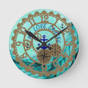 Nautical Sailing Clock Aqua and Gold Gears