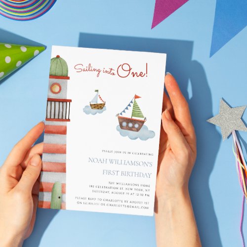 Nautical Sailing into one cute first birthday  Invitation