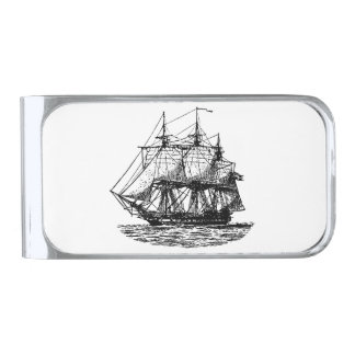 Nautical Sailing Ship Black and White Silver Finish Money Clip