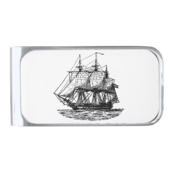 Nautical Sailing Ship Black And White Silver Finish Money Clip by elizme1 at Zazzle