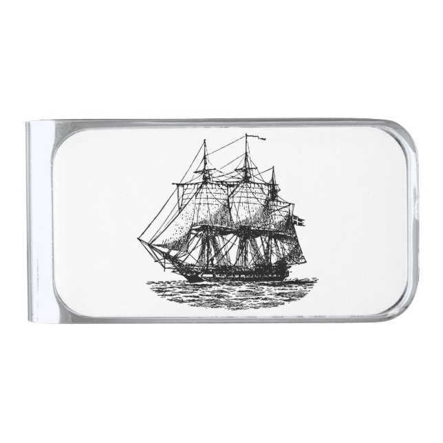 Nautical Sailing Ship Black and White Silver Finish Money Clip (Front)