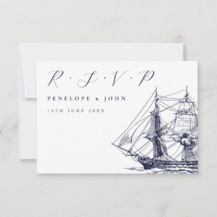 Nautical Sailing Ship Illustration Script Wedding RSVP Card