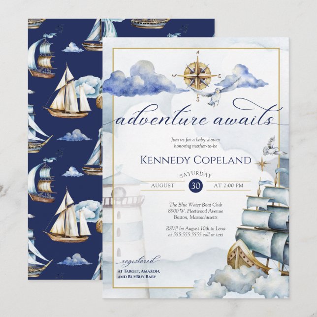 Nautical Sailing Ship New Adventure Baby Shower In Invitation (Front/Back)
