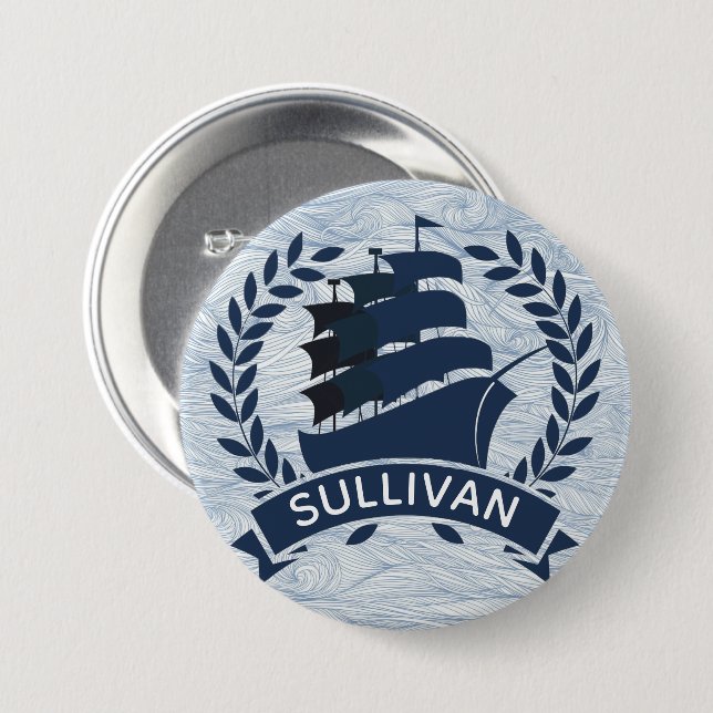Nautical Sailing Ship | Ocean Waves Personalized Button (Front & Back)