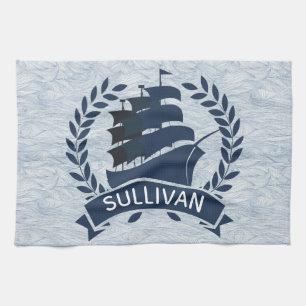 Nautical Sailing Ship Ocean Waves Personalized Kitchen Towel