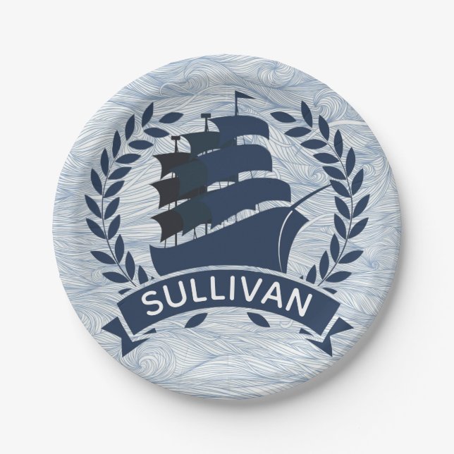 Nautical Sailing Ship | Ocean Waves Personalized Paper Plates (Front)