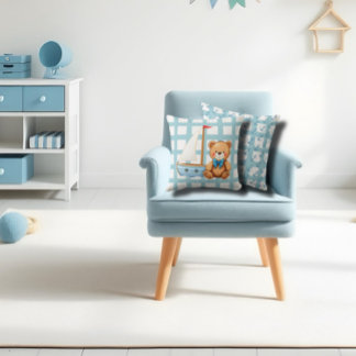 Nautical sailing teddy bear and anchors throw pillow